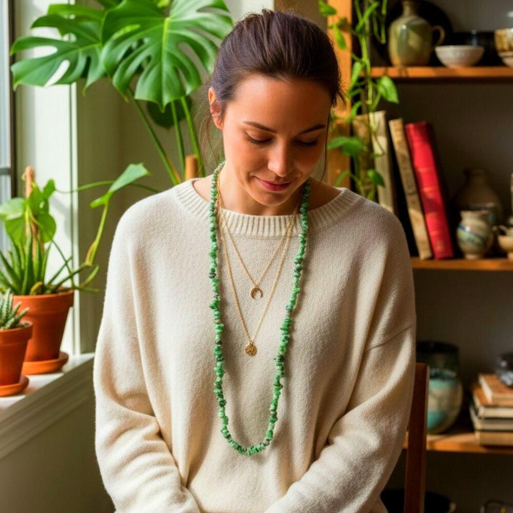 Natural Ruby Zoisite Long Gemstone Necklace | 32” Green Stone Strand